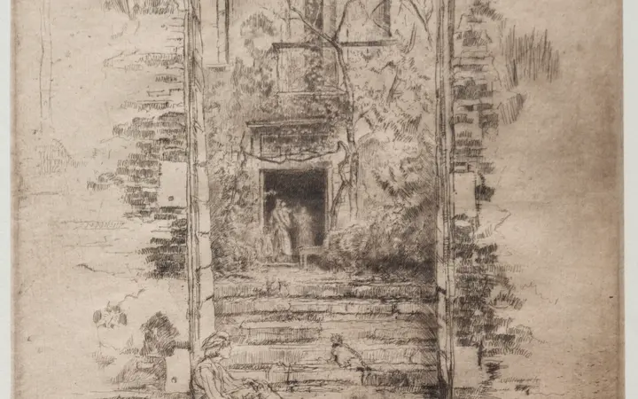 Grafika s detaljima venecijanske arhitekture u nježnim tonovima crnog i sivog, prikazujući miran vrtni prostor. etching and drypoint — James McNeill Whistler, 1879–80.