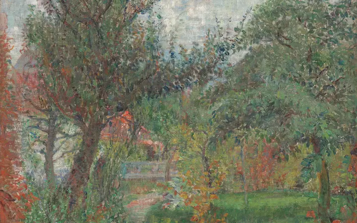 Ulje na platnu prikazuje šareni vrt u Bruxellesu s bujnim zelenilom i cvijećem u prvom planu pod toplim dnevnim svjetlom. oil on fabric — James Ensor, 1885.