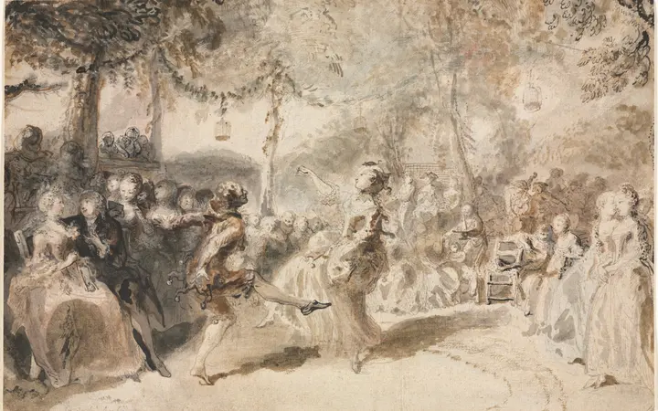 Brzi potezi kistom prikazuju kostimirane plesače u vrtnoj taverni s naglaskom na pokret i dinamičnost scene. brush and brown and gray wash, with gouache, watercolor, and traces of graphite — Gabriel de Saint-Aubin, 1756.