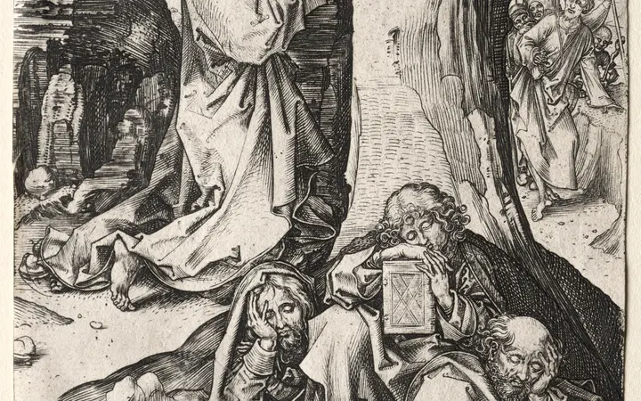 Gravura prikazuje Isusa u vrtu patnje s dramatičnim kontrastima svjetla i sjene u crnoj i bijeloj tehnici. engraving — Martin Schongauer, 1480.