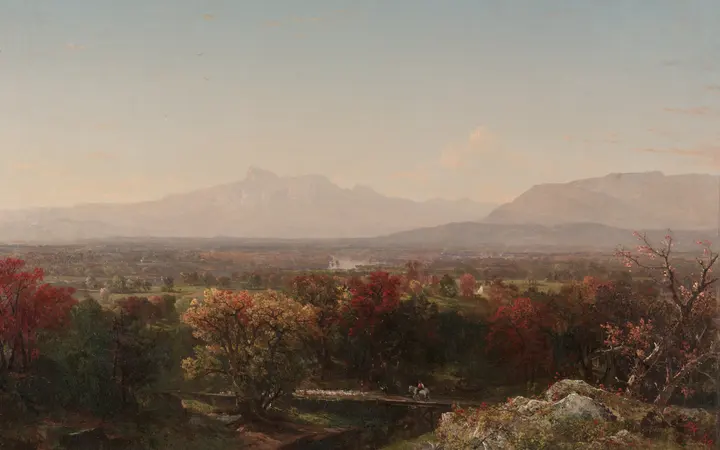 Ulje na platnu prikazuje jesenji krajolik Bijelih planina s toplim zlatnim i smeđim tonovima pod vedrim nebom. oil on canvas — John Frederick Kensett, 1854.