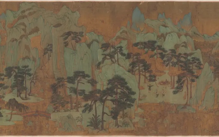 Zelenkasti planinski krajolik s drevnim likovima, jelenima i ždralovima ispod visokih borova u mirnoj atmosferi. Handscroll; ink and color on silk — Chen Ruyan, 1300–1370.