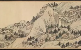 Rasprostranjen pejzaž s liticama, slapovima, stazama i selima u nježnim tonovima tinte i boje na papiru. Handscroll; ink and color on paper — Cheng Zhengkui, 1658.