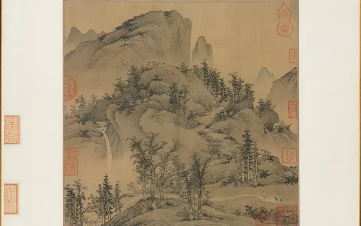 Album list s putnicima koji prolaze kroz planinski krajolik u blagim jesenskim bojama i laganom tintom. album leaf; ink and slight color on silk — Sheng Mou, 1300–50.