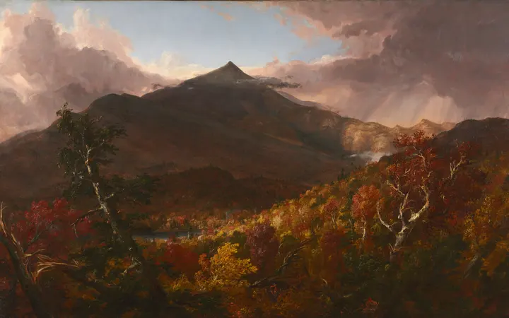 Ulje na platnu prikazuje planinu Schroon u New Yorku nakon oluje s dramatičnim svjetlom i prirodnim detaljima. oil on canvas — Thomas Cole, 1838.