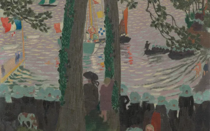 Ulje na platnu prikazuje obalni krajolik u Bretanji s jahtom i obiteljskom atmosferom u toplim bojama. oil on canvas — Maurice Denis, 1899.