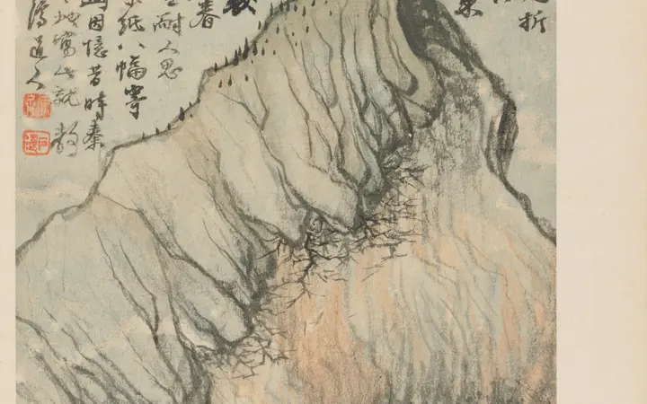 Album list s prikazom drevnih mjesta uz rijeku Qinhuai u nježnim bojama tinte i akvarela na papiru. Album leaf; ink and color on Song paper — Shitao, 1642–1707.