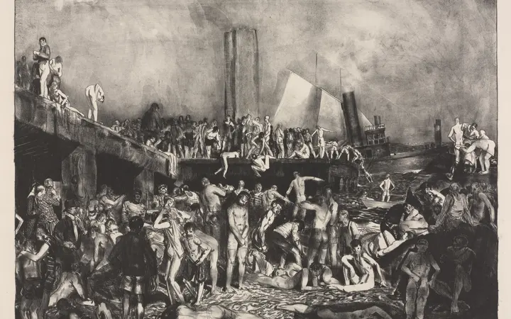 Prikaz obale rijeke s urbanim elementima u prvom planu, u tamnim tonovima i izraženim kontrastima svjetla i sjene. lithograph — George Bellows, 1924.