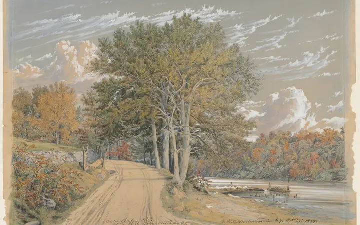 Vodeni pejzaž rijeke Harlem u nježnim akvarelnim bojama s detaljima u grafitu, prikazuje mirnu rijeku i obalu. watercolor with gouache, over graphite, framing lines in graphite — William Rickarby Miller, 1855.
