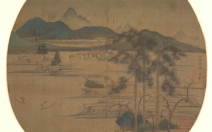 Plavo-zelena krajolika s ribarskim selom uz rijeku, prikazana na svilenoj podlozi s naglašenim bojama i tintom. Fan painting mounted as album leaf; ink and color on silk — Zhao Mengfu, 1302–3.