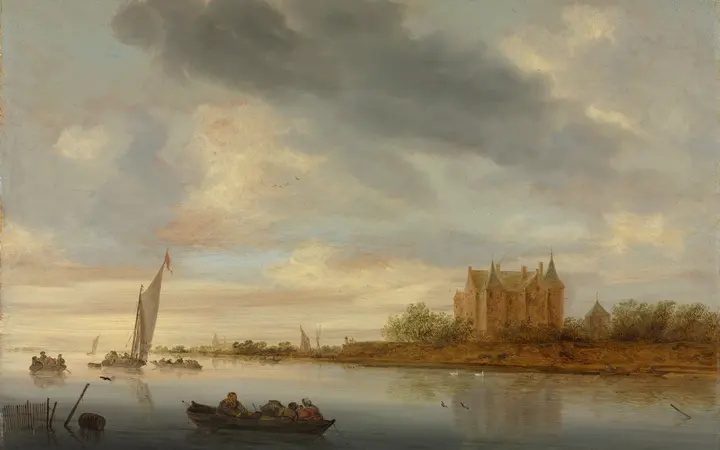 Ulje na drvetu prikazuje dvorac uz rijeku s romantičnim i slikovitim detaljima u toplim zemljanim bojama. oil on wood — Salomon van Ruysdael, 1644.