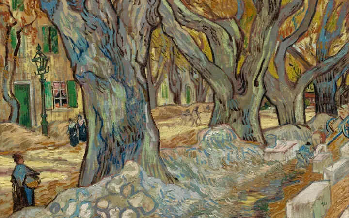 Jesenski krajolik s velikim platanima uz cestu, u toplim žutim i smeđim tonovima, s naglaskom na svjetlo i sjenu. oil on fabric — Vincent van Gogh, 1889.