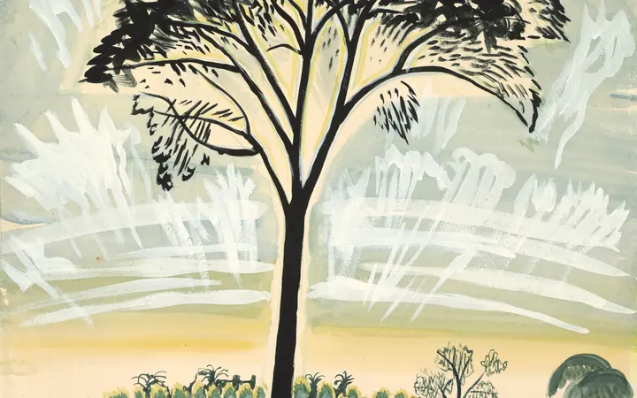Svijetao prizor s dramatičnim suncem koje se probija kroz stabla, u akvarelu s neprozirnim slojevima boje. Watercolor and opaque watercolor — Charles Burchfield, 301917.