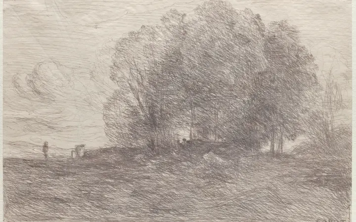 Pastoralni krajolik s grupom stabala u nježnim sivim i zelenim tonovima, izrađen tehnikom cliché-verre. cliché-verre — Jean Baptiste Camille Corot, 1858.