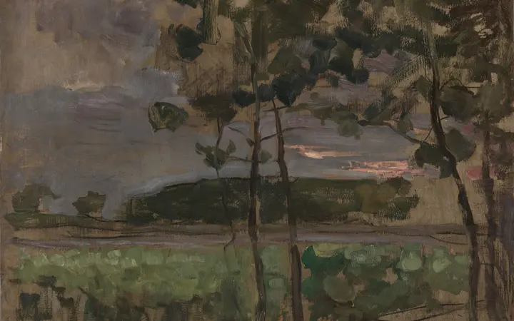 Polje s mladim stablima u prvom planu, u nježnim zemljanim tonovima, ulje na papiru postavljenom na ploču. oil on paper laid on board — Piet Mondrian, 1907.
