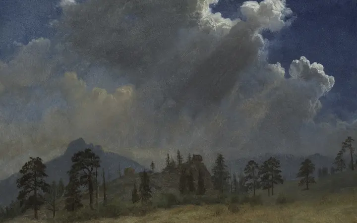 Tamni oblaci nad skupinom jelovih stabala, u dramatičnim sivim i zelenim nijansama, ulje na papiru na platnu. oil on paper mounted on canvas — Albert Bierstadt, 1870.