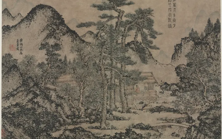 Scena ljudi koji pišu pod borovima, u tradicionalnom kineskom stilu s tintom i bojom na papiru. Album leaf; ink and color on paper — Wang Meng, 1308–85.
