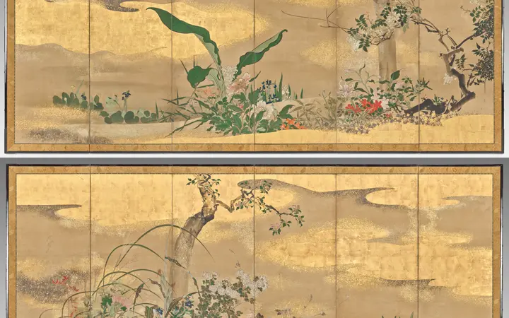 Dvojezični prikaz cvijeća i stabala u različitim godišnjim dobima, u boji i zlatu na papiru. Pair of six-panel folding screens; ink, color, gold, silver, and gilding on paper — Watanabe Shikō, -1700.