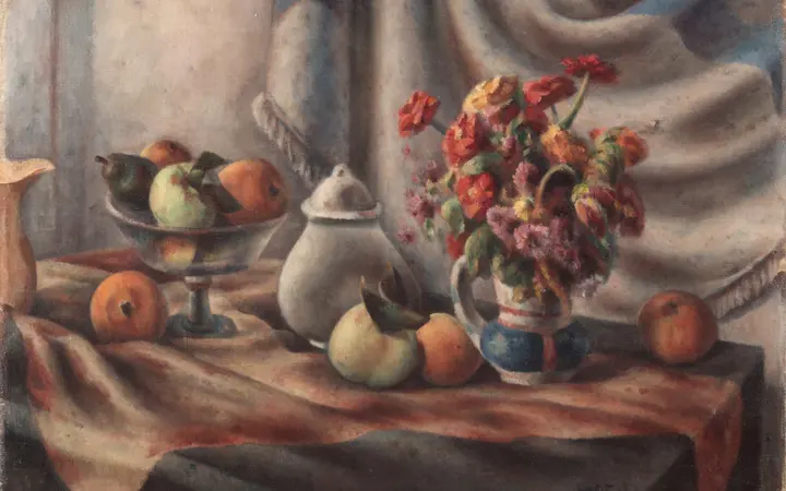 Kombinacija voća i cvijeća na platnu, u bogatim bojama i teksturama ulja na platnu. oil on canvas — Henry Lee McFee, 1927.