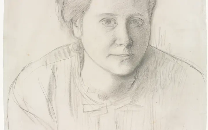 Grafitni crtež portreta Victorije Dubourg s preciznim i nježnim linijama u crno-bijelom tonu. graphite — Edgar Degas, 1866.