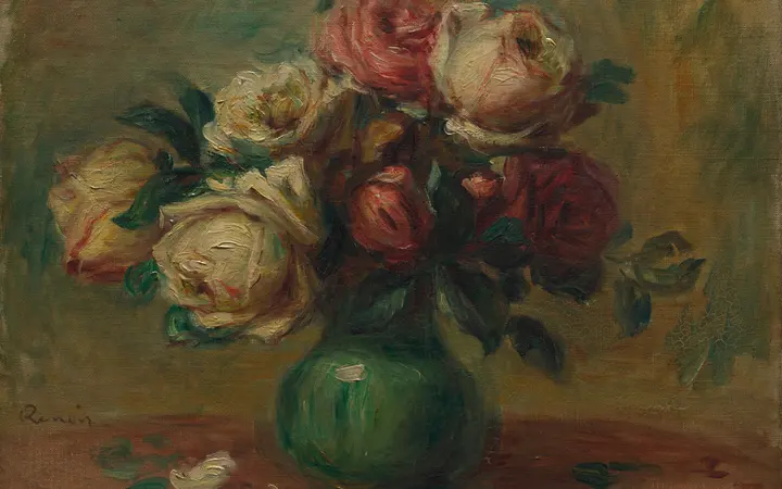 Sedam ruža u vazi u toplim nijansama crvene, žute i ružičaste, ulje na tkanini s mekim osvjetljenjem. oil on fabric — Pierre-Auguste Renoir, 1890.