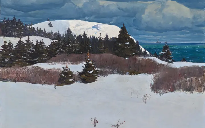 Slikar prikazuje strme litice i guste šume Monhegan otoka pod dramatičnim nebeskim svjetlom i morskim valovima. oil on canvas — Rockwell Kent, 1907.