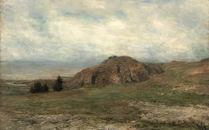 Na slici se vidi neukroćena obala s valovima koji se lome o stijene pod sivim, olujnim nebom. oil on canvas — Homer Dodge Martin, 1889.