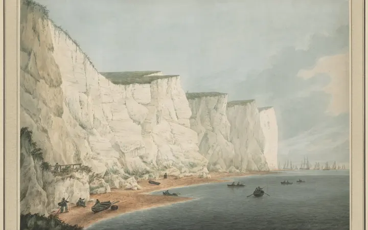 Vodene boje prikazuju bijele krečnjačke litice Beachy Heada i brodove u moru pod blago oblačnim nebom. watercolor with graphite underdrawing — Samuel Atkins, 1790–1805.