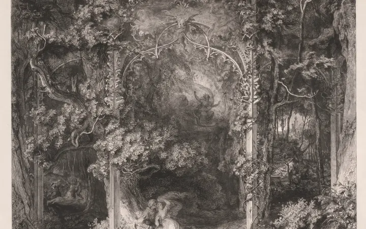 Prikazana je lijepa ženska figura u šumi, obavijena tajanstvenim i mračnim tonovima okoline. etching on steel on wove paper — Wendelin Wick, 1845.