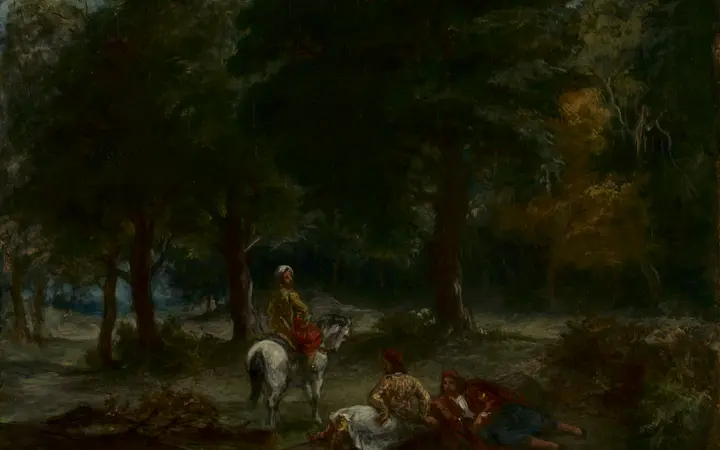 Grupa konjanika odmara u gustoj šumi, oslikano u bogatim tonovima ulja na platnu. oil on fabric — Eugène Delacroix, 1858.