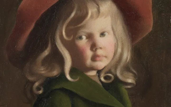 Portret mladog konjanika u klasičnom ruhu na neutralnoj pozadini u toplim tonovima ulja na platnu. oil on canvas — George De Forest Brush, 1904.