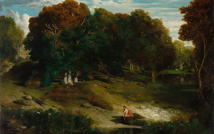 Prikazane su drveće, livade i voda obasjani toplim zrakama kasnog poslijepodneva. oil on fabric — Célestin François Nanteuil, 1841.