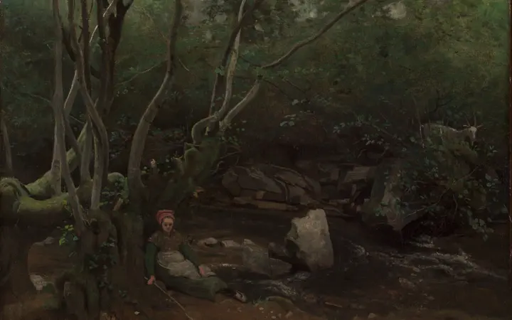 Mirna šumska scena s djevojkom koja sjedi pokraj potoka, okružena zelenilom i drvećem. oil on fabric — Jean Baptiste Camille Corot, 1842.