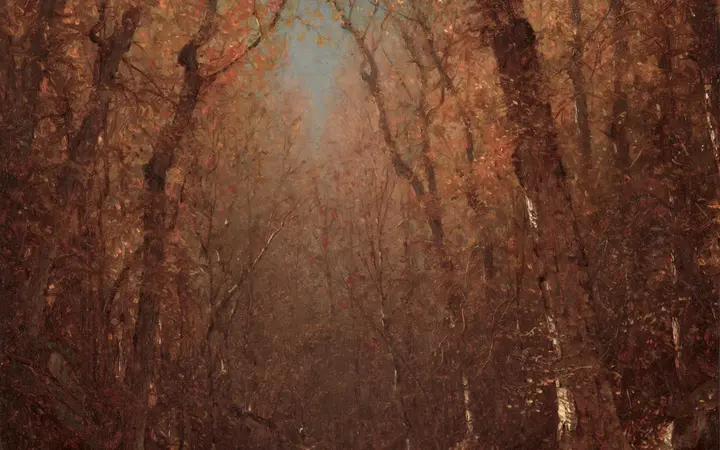 Šumska staza okružena drvećem u jesenjim bojama s toplim zlatnim i crvenim nijansama. oil on canvas — Sanford Robinson Gifford, 1876.