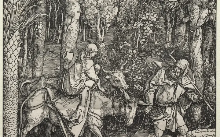 Dramska drvorez prikazuje likove u pokretu kroz pejzaž s naglašenim kontrastima crne i bijele boje. woodcut — Albrecht Dürer, 1503–5.