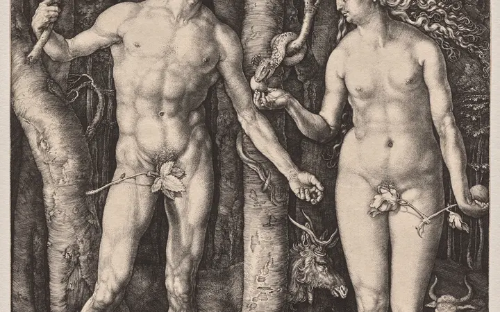 Ikonična gravura prikazuje biblijske likove Adama i Eve u detaljnom i simboličnom okruženju. engraving — Albrecht Dürer, 1504.