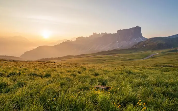 Zelena polja i brežuljci osvijetljeni toplim svjetlom zalaska sunca u sumrak.