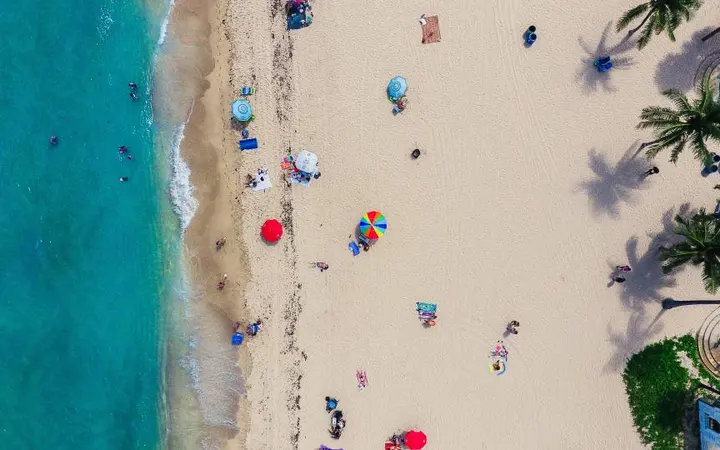 Zelena obala uz plavo more s pješčanom plažom u sunčanom danu.