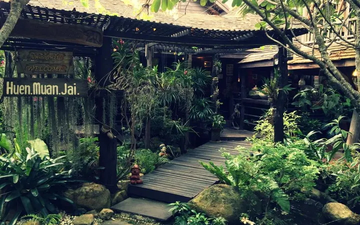 Zeleni vrt s lišćem i biljkama u restoranu u Chiangmai, osvijetljen dnevnim svjetlom.