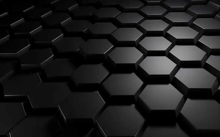 Tamna pozadina s pravilnim heksagonskim uzorkom daje modernu i digitalnu geometrijsku strukturu.