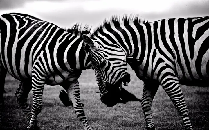 Dvije zebre u pokretu s naglašenim crno-bijelim kontrastom pruga.
