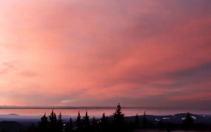 Topli tonovi zalaska sunca s oblačnim nebom iznad šumskog horizonta.
