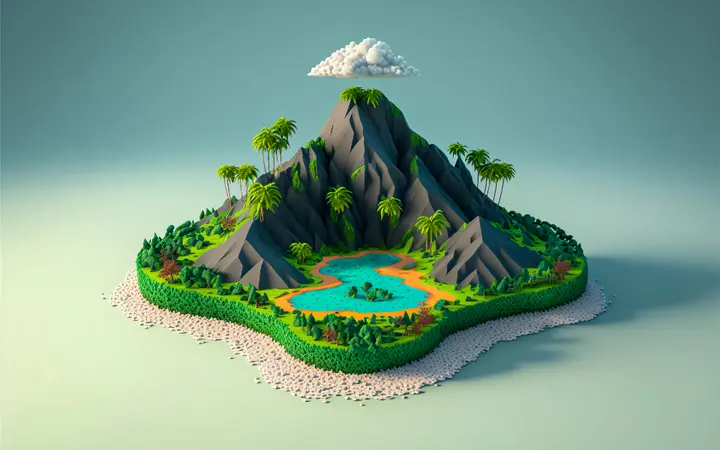 Kreativni 3D prikaz otoka s detaljima koji naglašavaju klimatske i dizajnerske elemente u živim bojama.