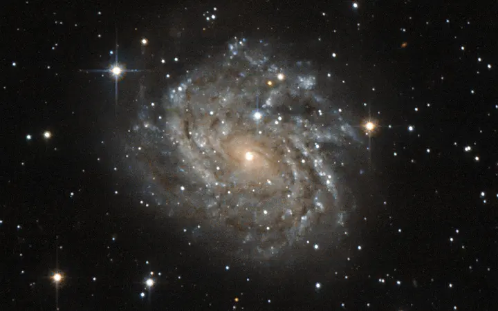 Spiralna galaksija s jasno vidljivim krakovima u plavim i žutim tonovima na tamnoj pozadini.