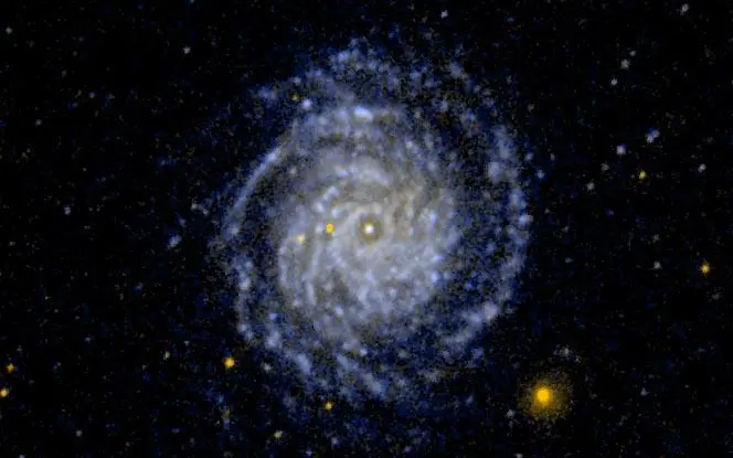 Ultraljubičasta slika NGC 3344 prikazuje čvrsto uvijene unutarnje spiralne krakove galaksije.