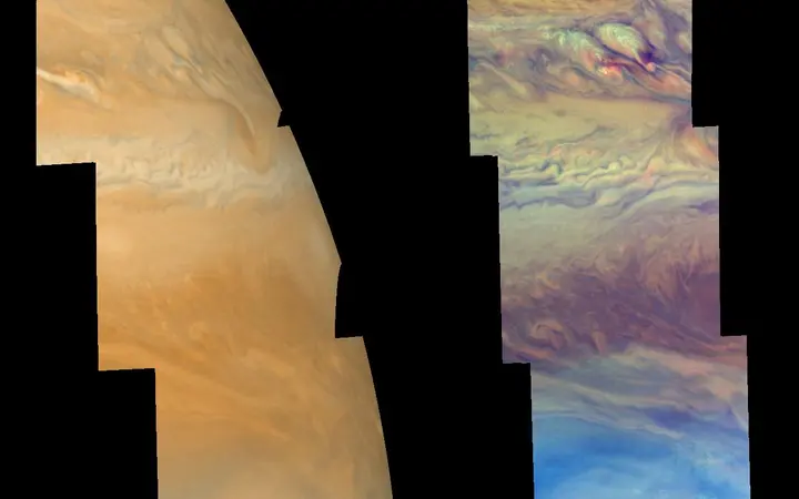 Detaljni prikaz oblaka i atmosferskih uzoraka sjeverno od Jupiterova ekvatora u raznobojnim i kontrastnim tonovima.