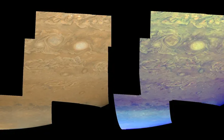 Oblaci i izmaglica u južnoj hemisferi Jupitera s mekim prijelazima boja i svjetlosnim efektima.