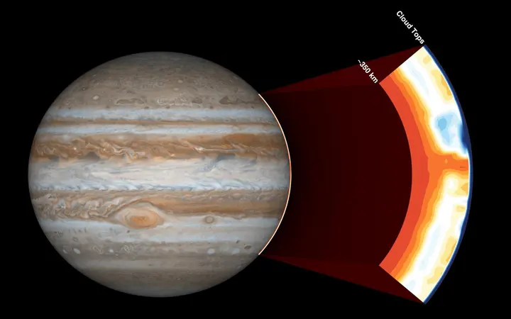 Prikaz atmosfere Jupitera ispod vrhova oblaka snimljen instrumentom Microwave Radiometer na sondi Juno.