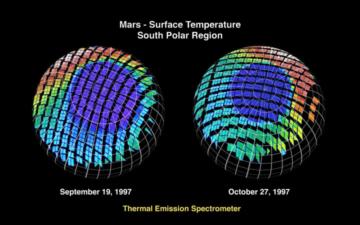 Prikaz površinske temperature južnog polarnog područja Marsa s hladnim plavim i sivim tonovima.