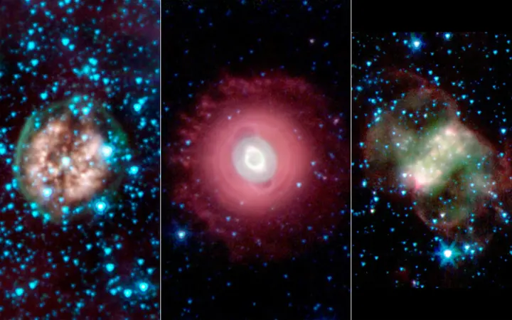 Tri blijeda oblika umirućih zvijezda u obliku planetarnih maglica na tamnoj pozadini s diskretnim svjetlosnim efektima.